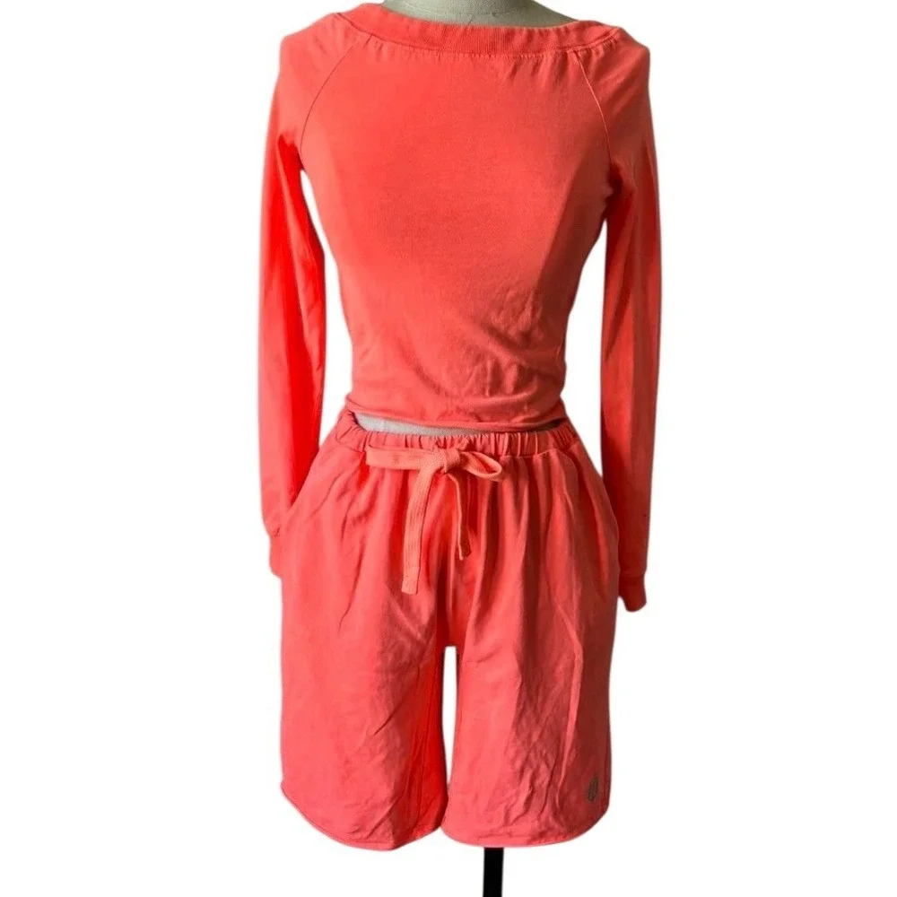 Free People Movement Hot Shot Easy Long Sleeve Set Neon‎ Coral (Top S/Shorts M)